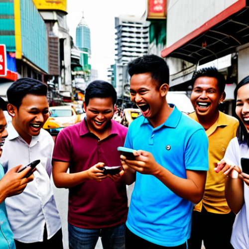 Home 4 **
A diverse group of young Malaysians using smartphones, laughing and sharing content. Colorful speech bubbles with Malay slang words like "lepak," "bro," and popular emojis. Background shows a bustling Kuala Lumpur street scene.
**