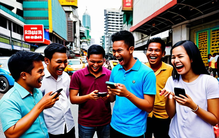 **
A diverse group of young Malaysians using smartphones, laughing and sharing content. Colorful speech bubbles with Malay slang words like "lepak," "bro," and popular emojis. Background shows a bustling Kuala Lumpur street scene.
**