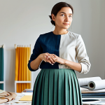 A professional, diverse woman in a modern, stylish ensemble featuring subtle patchwork details and innovative recycled textiles, representing upcycled fashion. Her attire is fully clothed, modest clothing, appropriate attire, and professional dress. She stands confidently inside a brightly lit, contemporary sustainable fashion studio, with natural light, blurred eco-friendly fabric rolls and design sketches in the background. She looks directly at the viewer with a thoughtful expression, hands naturally at her sides. Professional photography, high resolution, soft studio lighting, perfect anatomy, correct proportions, natural pose, well-formed hands, proper finger count, natural body proportions, safe for work, appropriate content, fully clothed, professional, modest, family-friendly.