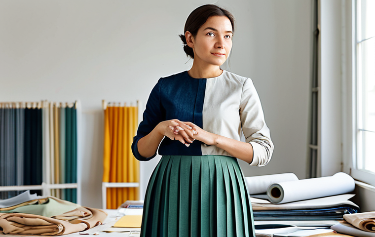 A professional, diverse woman in a modern, stylish ensemble featuring subtle patchwork details and innovative recycled textiles, representing upcycled fashion. Her attire is fully clothed, modest clothing, appropriate attire, and professional dress. She stands confidently inside a brightly lit, contemporary sustainable fashion studio, with natural light, blurred eco-friendly fabric rolls and design sketches in the background. She looks directly at the viewer with a thoughtful expression, hands naturally at her sides. Professional photography, high resolution, soft studio lighting, perfect anatomy, correct proportions, natural pose, well-formed hands, proper finger count, natural body proportions, safe for work, appropriate content, fully clothed, professional, modest, family-friendly.