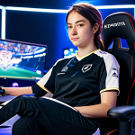 ** A professional female esports player, fully clothed in a team jersey with modest athletic pants, sitting in a gaming chair in a brightly lit esports arena, appropriate attire, safe for work, perfect anatomy, correct proportions, professional gaming setup, family-friendly.

**